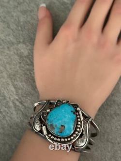 Bracelet en argent sterling cariné BIG MORENCI en turquoise vintage amérindien Navajo
