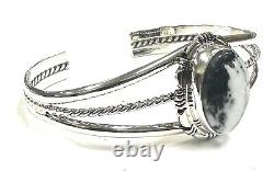 Bracelet en argent sterling fait main Navajo avec buffle blanc naturel américain autochtone