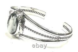 Bracelet en argent sterling fait main Navajo avec buffle blanc naturel américain autochtone