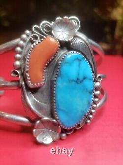 Bracelet en argent sterling vintage amérindien, Navajo Turquoise & Coral signé RY