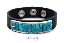 Bracelet en cuir et turquoise Kingman amérindien navajo par Yazzie SKU23317