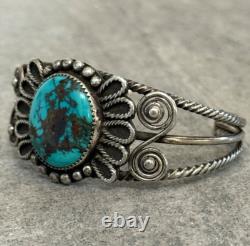 Bracelet en fil de argent tiré à la main NAVAJO en turquoise vintage amérindien 7 39g