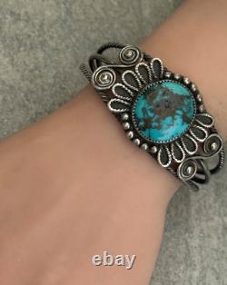 Bracelet en fil de argent tiré à la main NAVAJO en turquoise vintage amérindien 7 39g
