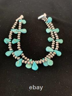 Bracelet en perles Navajo amérindiennes en argent sterling et turquoise bleue 3173