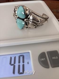 Bracelet jonc en argent sterling avec turquoise et motif de feuille Navajo Amérindien Bracelet jonc en argent sterling avec turquoise et motif de feuille Navajo Amérindien