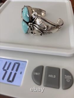 Bracelet jonc en argent sterling avec turquoise et motif de feuille Navajo Amérindien