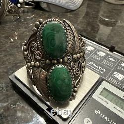 Bracelet jonc en argent sterling et malachite Navajo Amérindien 119,49 g