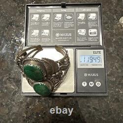 Bracelet jonc en argent sterling et malachite Navajo Amérindien 119,49 g
