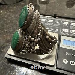 Bracelet jonc en argent sterling et malachite Navajo Amérindien 119,49 g