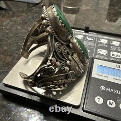 Bracelet jonc en argent sterling et malachite Navajo Amérindien 119,49 g