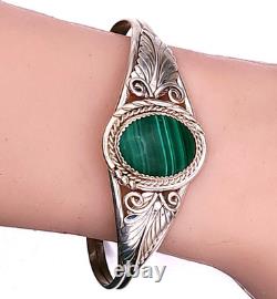 Bracelet jonc vintage en argent sterling Navajo natif américain avec malachite 7