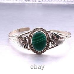 Bracelet jonc vintage en argent sterling Navajo natif américain avec malachite 7