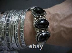 Bracelet manchette amérindien NAVAJO en argent sterling avec onyx noir naturel - Vintage