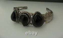Bracelet manchette amérindien NAVAJO en argent sterling avec onyx noir naturel - Vintage