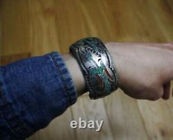 Bracelet manchette en argent sterling Navajo amérindien Gibson Gene avec turquoise et corail