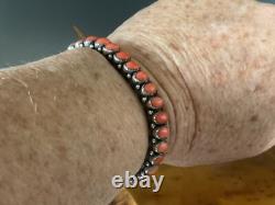 Bracelet manchette en argent sterling Navajo amérindien en corail naturel, 35,9 g (27) pierres