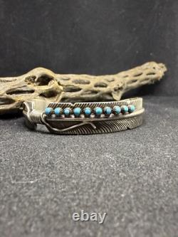 Bracelet manchette en argent sterling avec plume, turquoise Sleeping Beauty Navajo amérindienne