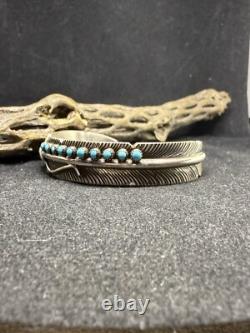 Bracelet manchette en argent sterling avec plume, turquoise Sleeping Beauty Navajo amérindienne