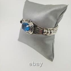 Bracelet manchette en argent sterling avec topaze bleue, Navajo américain Russell Sam