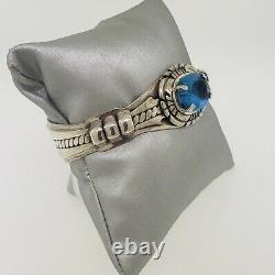 Bracelet manchette en argent sterling avec topaze bleue, Navajo américain Russell Sam