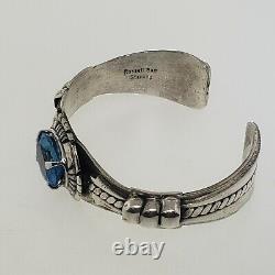 Bracelet manchette en argent sterling avec topaze bleue, Navajo américain Russell Sam