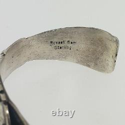 Bracelet manchette en argent sterling avec topaze bleue, Navajo américain Russell Sam