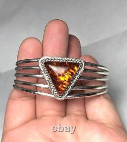 Bracelet manchette en argent sterling et ambre amérindien par R. Tom 6 3/4 Navajo