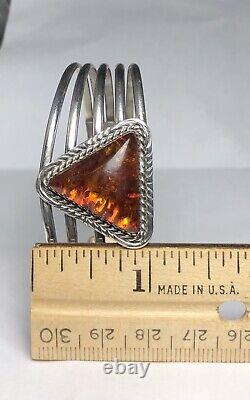 Bracelet manchette en argent sterling et ambre amérindien par R. Tom 6 3/4 Navajo