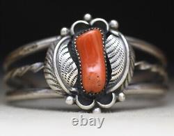 Bracelet manchette en argent sterling et corail de style amérindien Navajo vintage