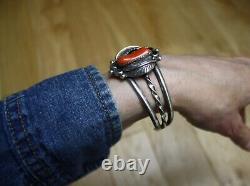 Bracelet manchette en argent sterling et corail de style amérindien Navajo vintage