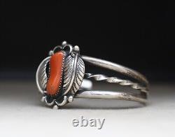 Bracelet manchette en argent sterling et corail de style amérindien Navajo vintage