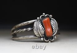 Bracelet manchette en argent sterling et corail de style amérindien Navajo vintage