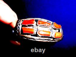 Bracelet manchette en argent sterling et corail vintage Navajo, fabriqué à la main par les Amérindiens