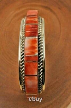 Bracelet manchette en argent sterling inlay coquillage épineux des Amérindiens Navajo taille 7