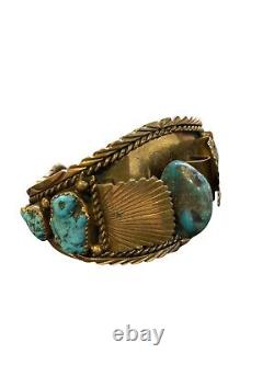 Bracelet manchette sud-ouest en laiton avec pépite de turquoise navajo amérindienne Zuni