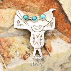 Broche/épingle en argent sterling 925 Navajo LA Willie avec turquoise en forme de selle