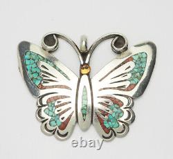 Broche pendentif papillon en argent 925 incrusté de William Singer, Amérindien Navajo