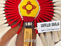 Bustle en crin de cheval amérindien avec perles, régalia navajo rouge et jaune