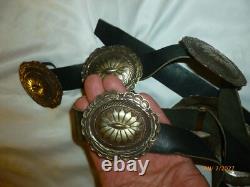 Ceinture concho navajo vintage. Argent 925 Amérindien signé GD 7 pièces 300g
