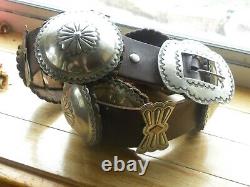 Ceinture de concho XLG en cuir de dosse de Native American Navajo, en nickel argenté, 42 45