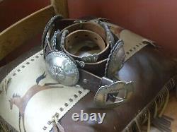 Ceinture de concho XLG en cuir de dosse de Native American Navajo, en nickel argenté, 42 45