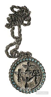 Chaîne de médaille en argent turquoise semi-précieuse amérindienne navajo