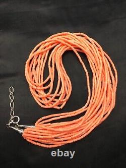 Collier D'argent Sterling Native American Pink Coral Navajo 10 Strand 4388