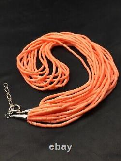 Collier D'argent Sterling Native American Pink Coral Navajo 10 Strand 4388