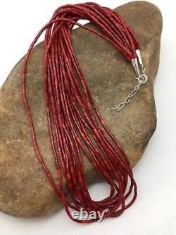 Collier D'argent Sterling Native American Red Coral Navajo 10 Strand 4387
