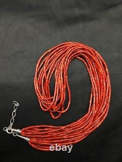 Collier D'argent Sterling Native American Red Coral Navajo 10 Strand 4387