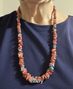 Collier Gradué en Rondelles d'Huître Épineuse Navajo et de Turquoise 27 Pouces V. Johnson