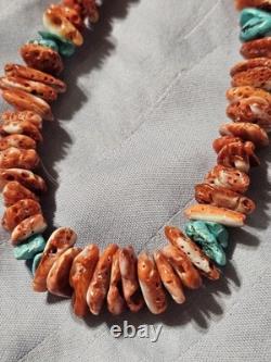 Collier Gradué en Rondelles d'Huître Épineuse Navajo et de Turquoise 27 Pouces V. Johnson