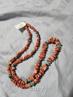 Collier Gradué en Rondelles d'Huître Épineuse Navajo et de Turquoise 27 Pouces V. Johnson