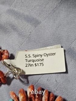 Collier Gradué en Rondelles d'Huître Épineuse Navajo et de Turquoise 27 Pouces V. Johnson